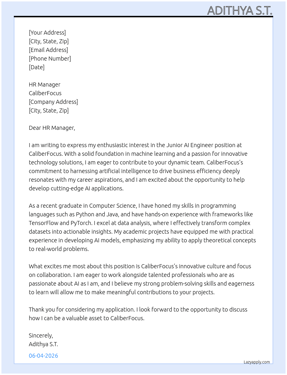 Cover letter for junior ai engineer - LazyApply