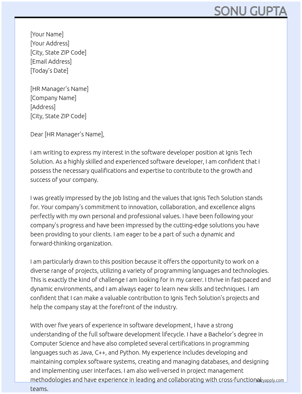 software developer At Ignis Tech Solution Cover Letter