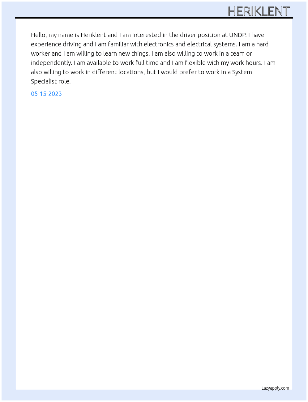 Driver  At UNDP careers  Cover Letter