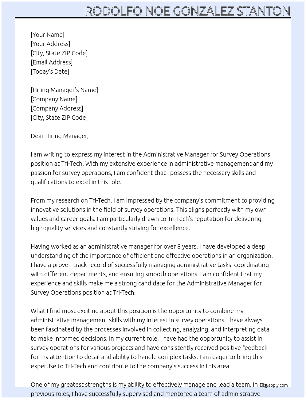 Administrative Manager for Survey Operations  At Tri-Tech Cover Letter