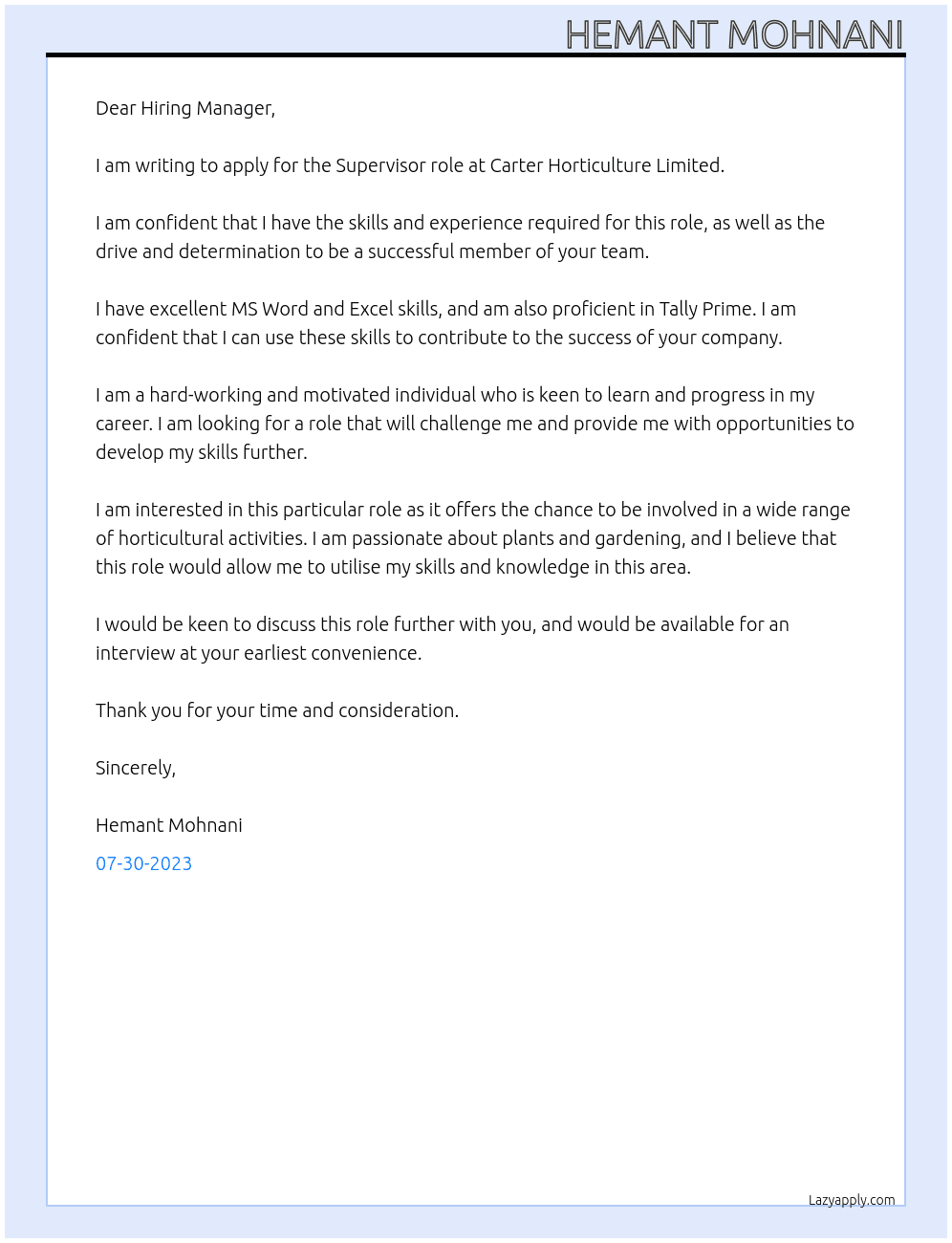 Supervisor At Carter Horticulture Limited Cover Letter