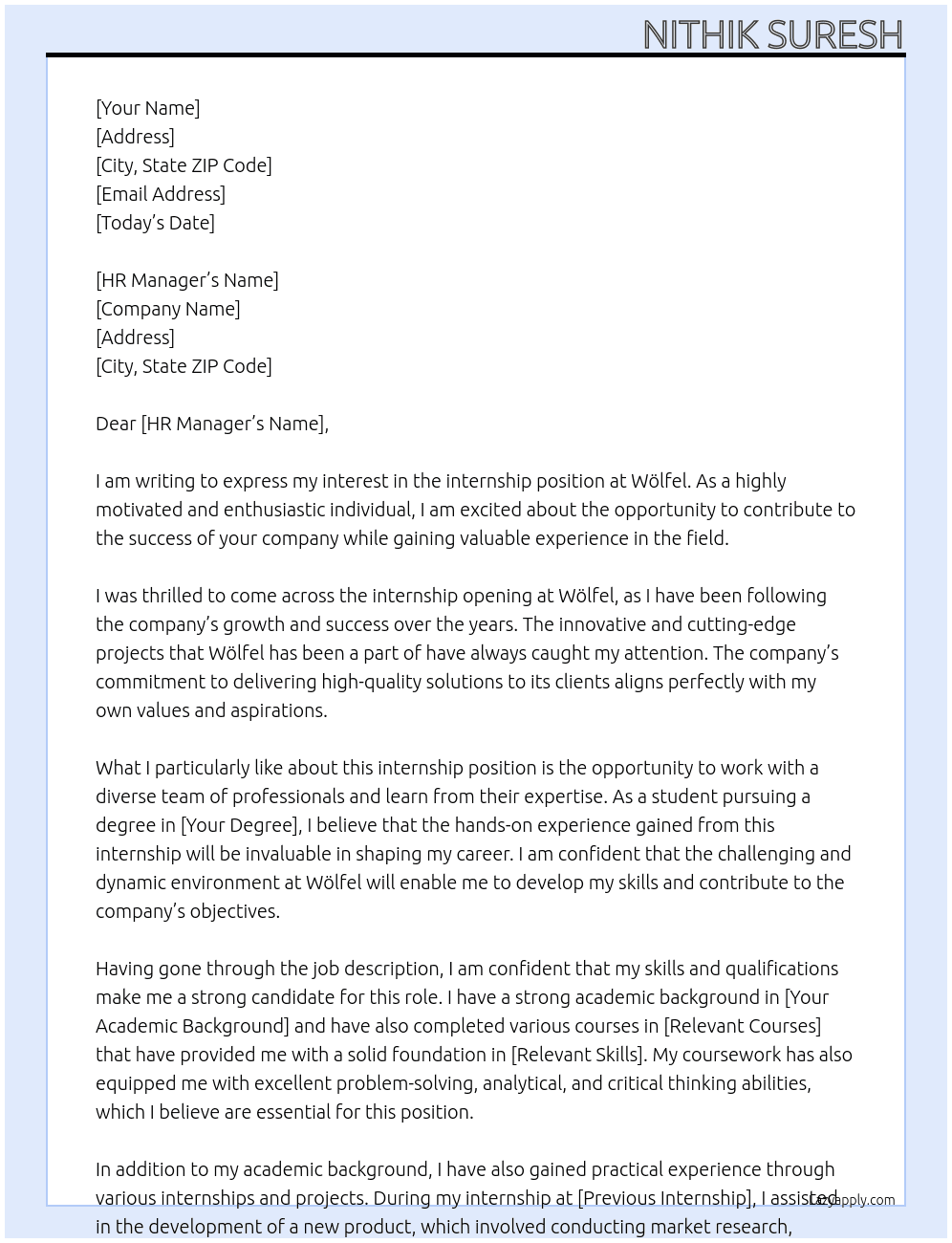 Internship At  Wölfel Cover Letter