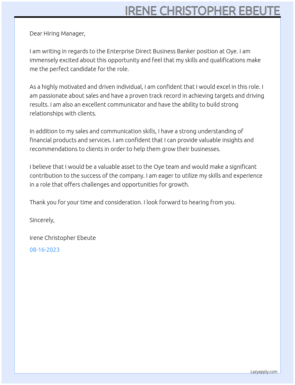 Enterprise Direct Business Banker At Oye Cover Letter
