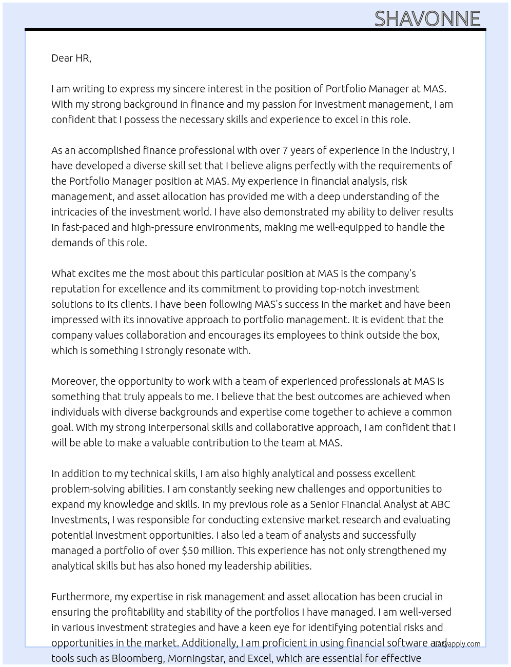portfolio manager  At MAS  Cover Letter