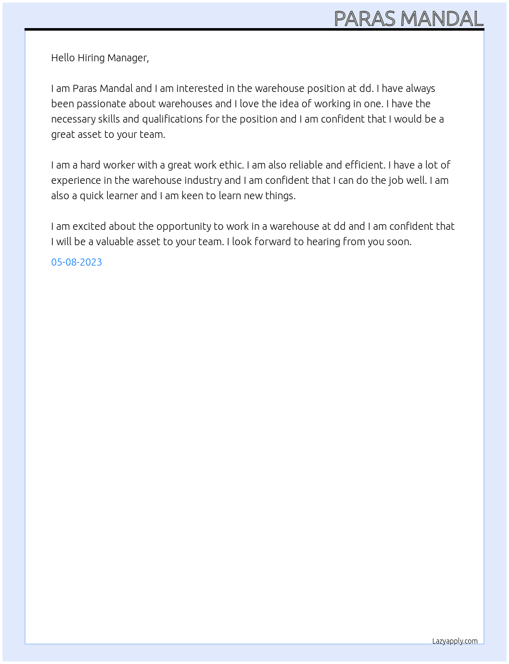 warehouse At dd Cover Letter