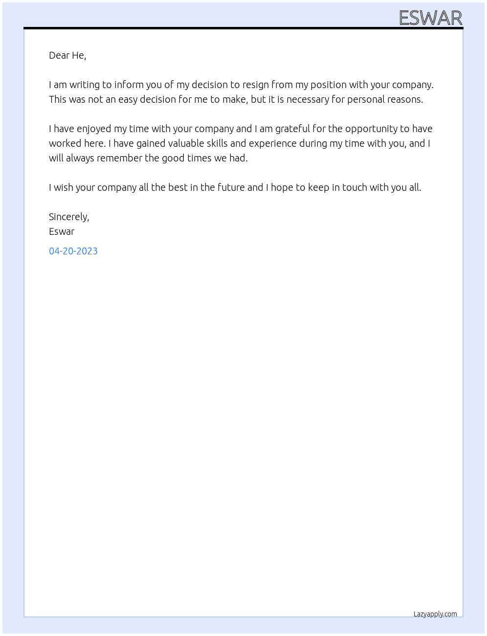 resignation for personal reasons At he Cover Letter