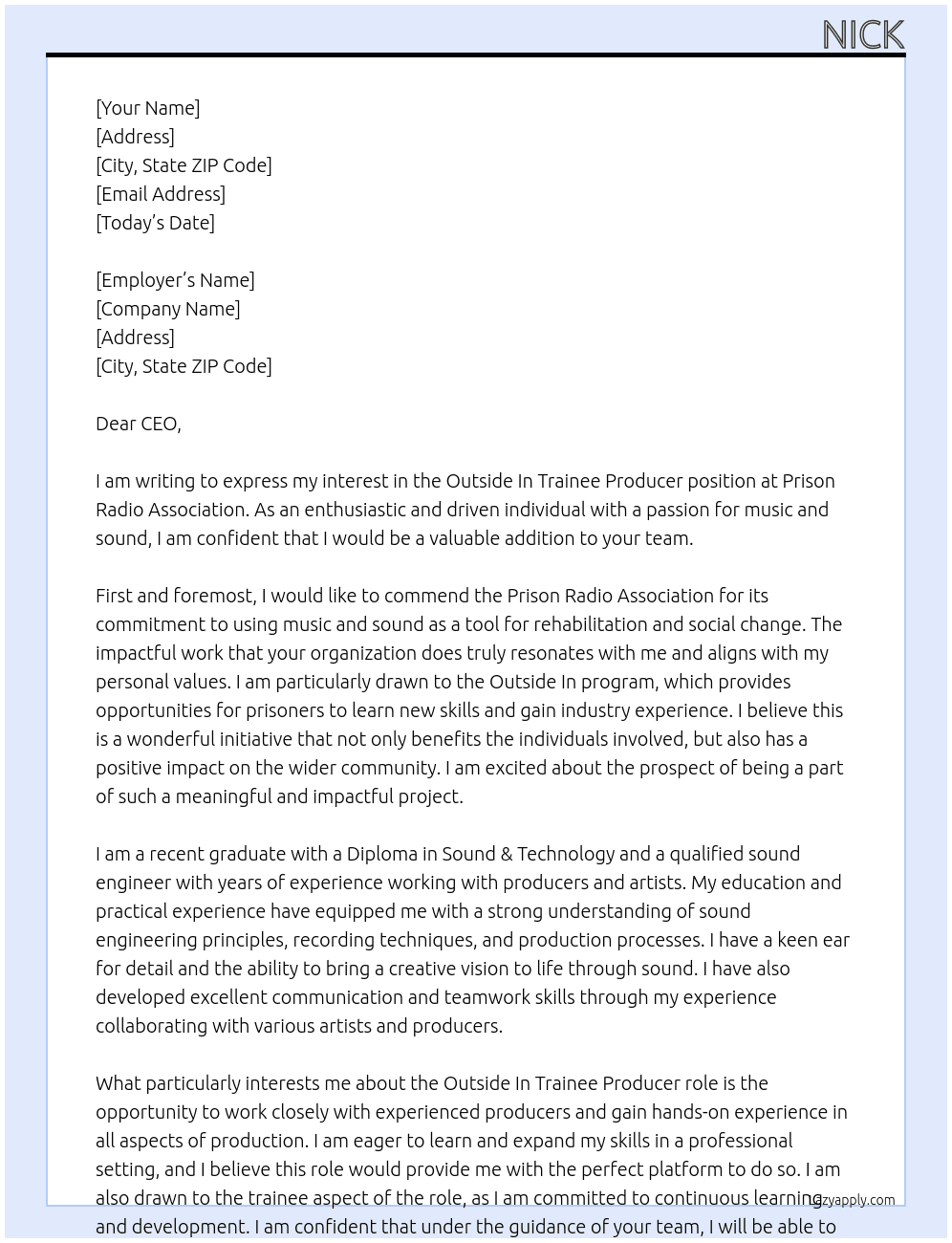 Outside In Trainee Producer At Prison Radio Association Cover Letter
