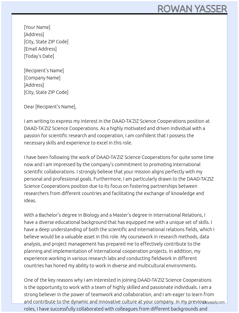 DAAD-TA'ZIZ Science Cooperations At DAAD-TA'ZIZ Science Cooperations Cover Letter