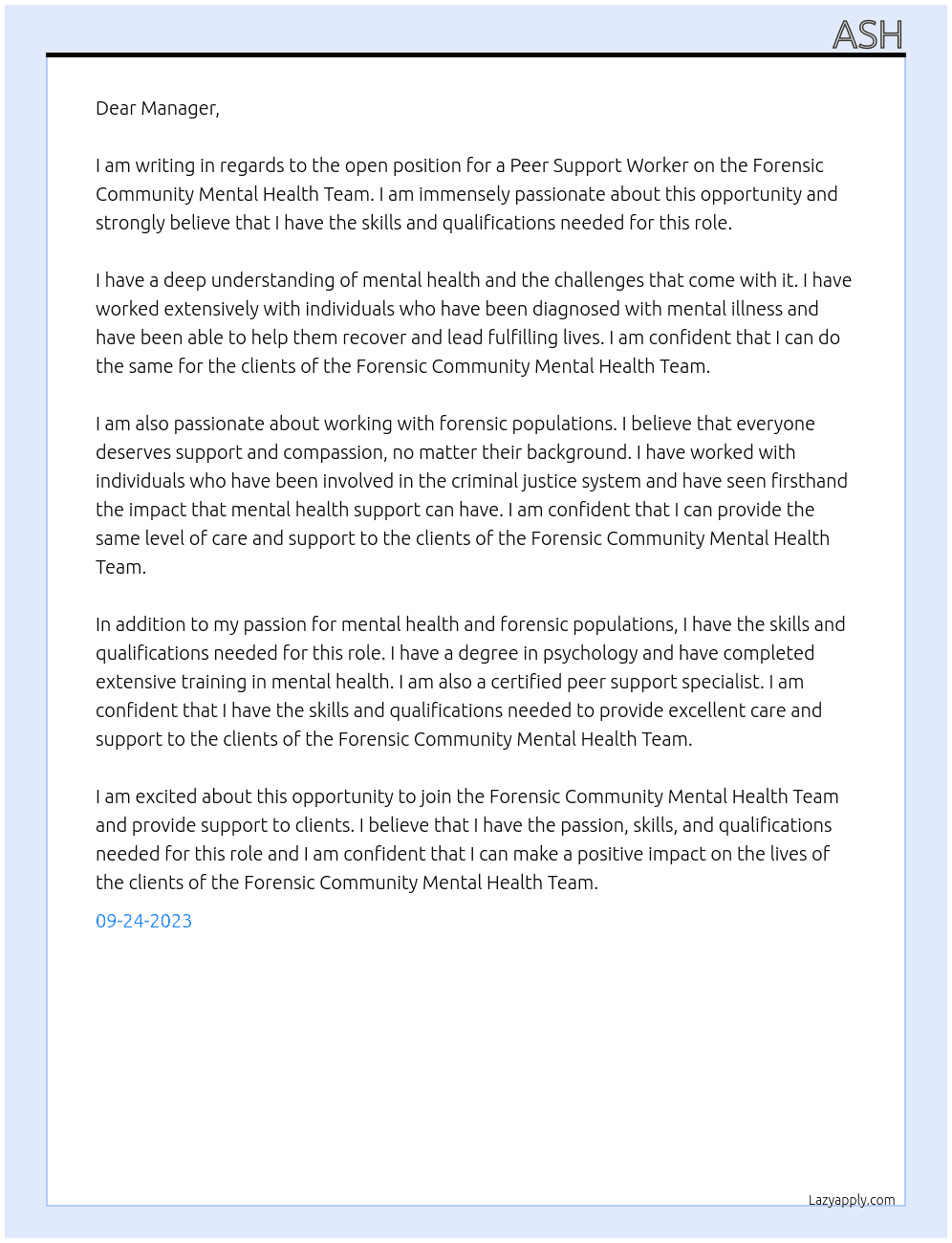 Peer Support Worker - Forensic Community Mental Health Team At ST GILES  Cover Letter