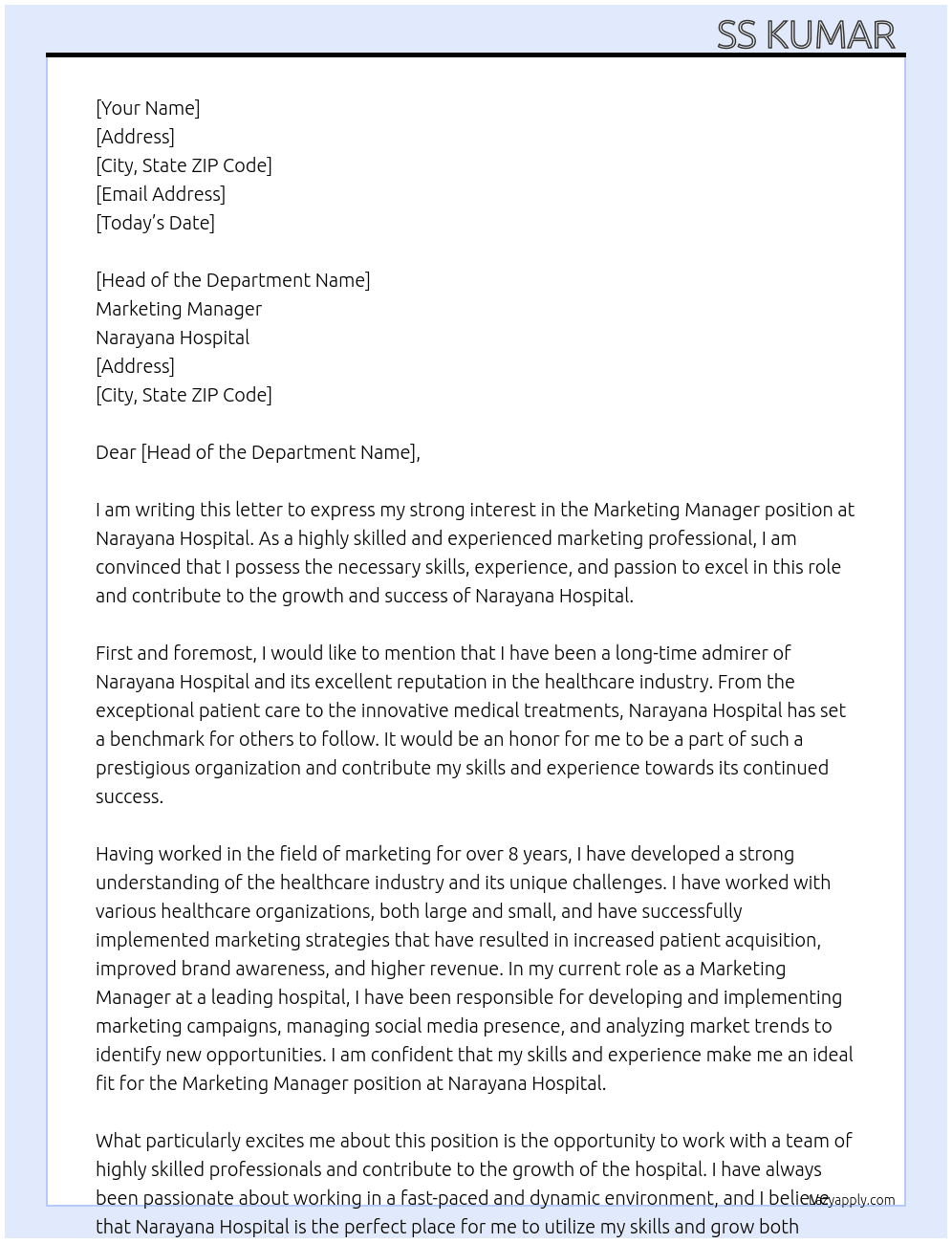 Marketing manager At Narayana Hospital Cover Letter