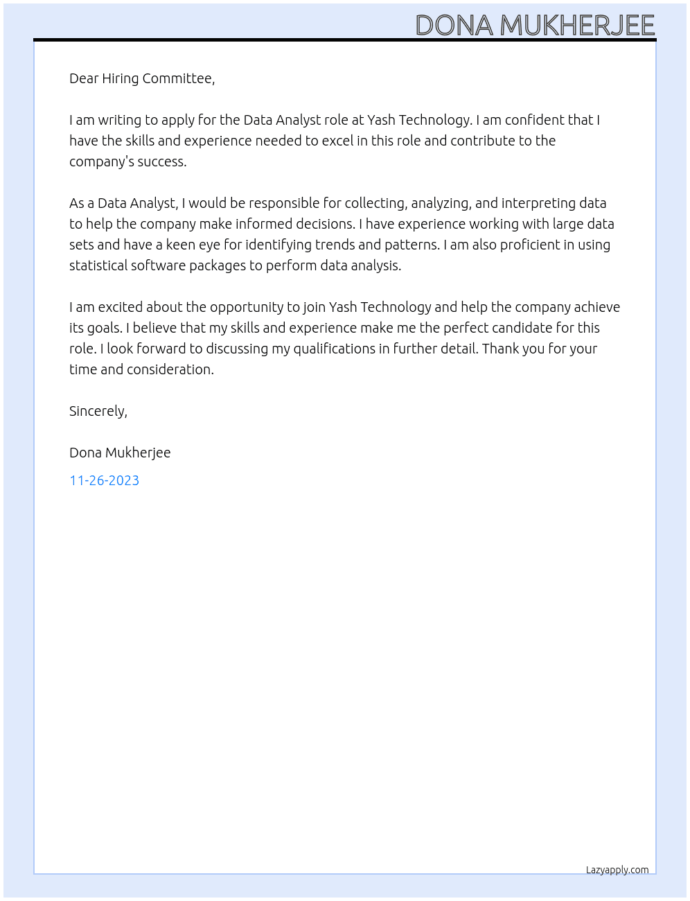 Data Analyst  At Yash Technology Cover Letter