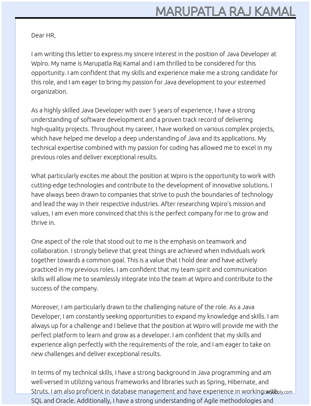 java devolper At wpiro Cover Letter