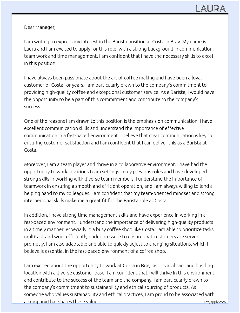 Barista  At Costa  Cover Letter