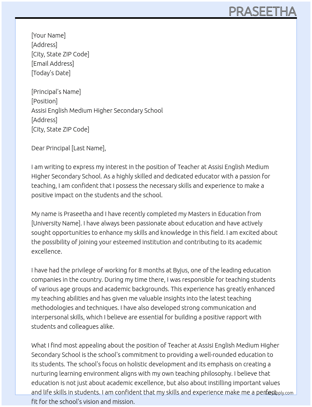 Teacher At Assisi English Medium Higher Secondary School Cover Letter