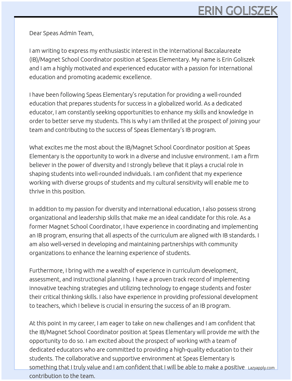 International Baccalaureate (IB)/Magnet School Coordinator At Speas Elementary Cover Letter