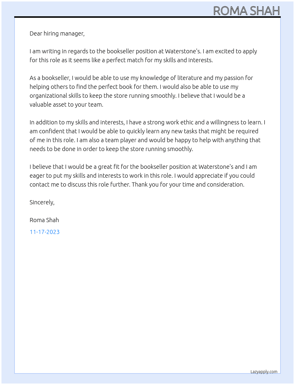 Bookseller At Waterstone's  Cover Letter