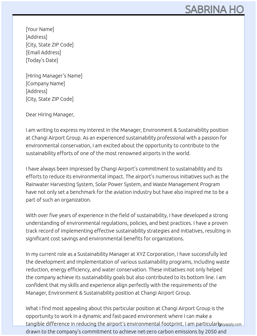 Manager, Environment & Sustainability At Changi Airport Group Cover Letter