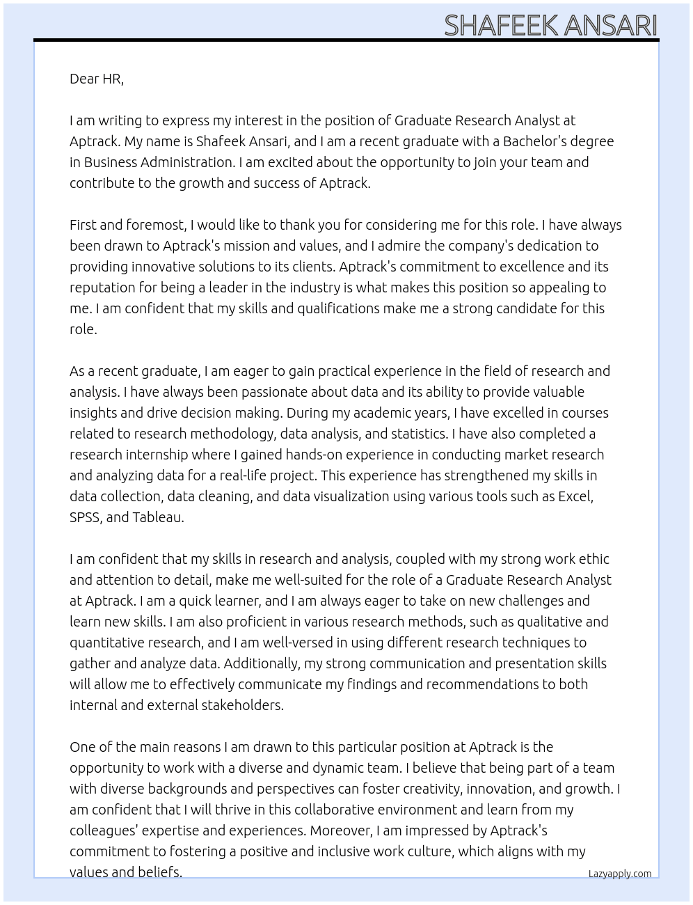 Graduate Research Analyst [fresher] At aptrack Cover Letter