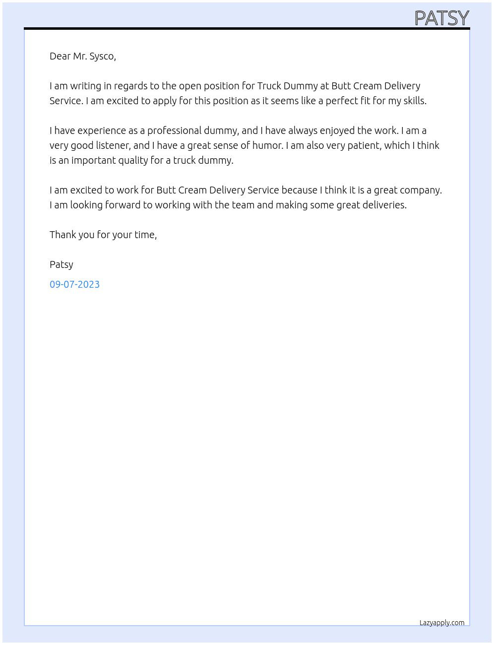 Truck dummy  At Butt cream delivery service  Cover Letter