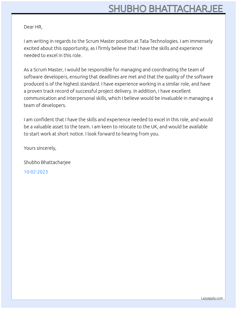 Scrum Master  At Tata technologies  Cover Letter