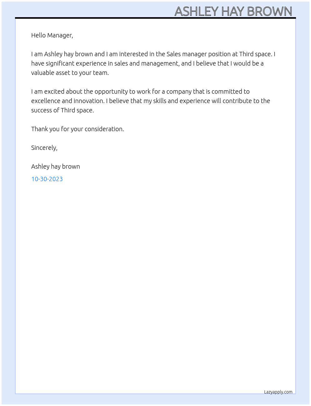 Sales manager  At Third space  Cover Letter