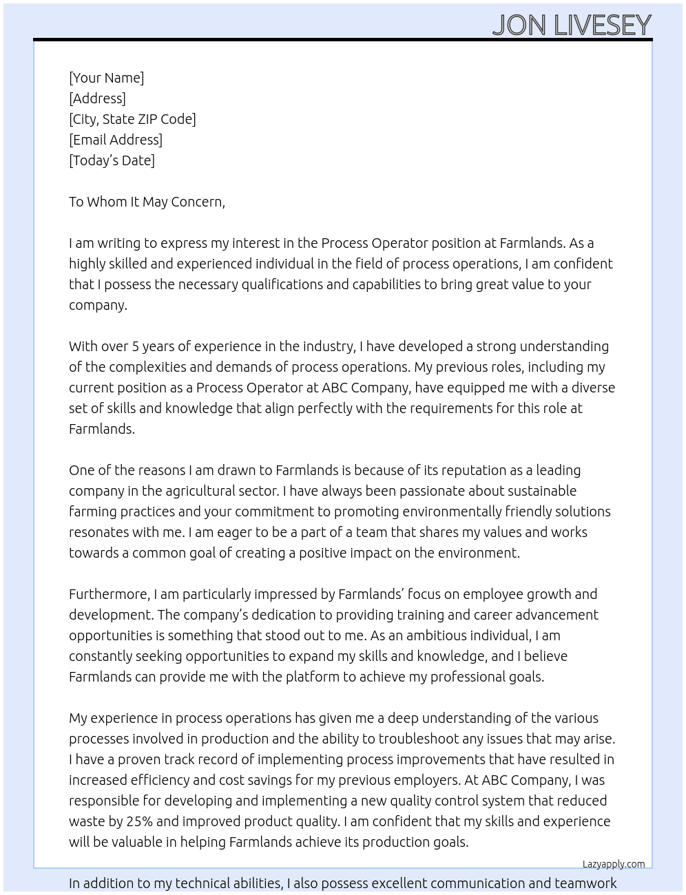 Process Operator At Farmlands Cover Letter