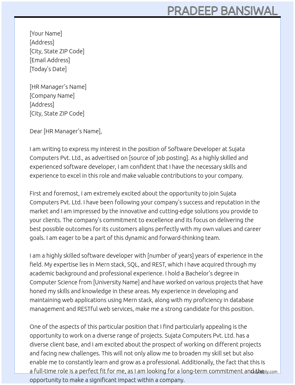 Software developer  At Sujata Computers Pvt. Ltd. Cover Letter