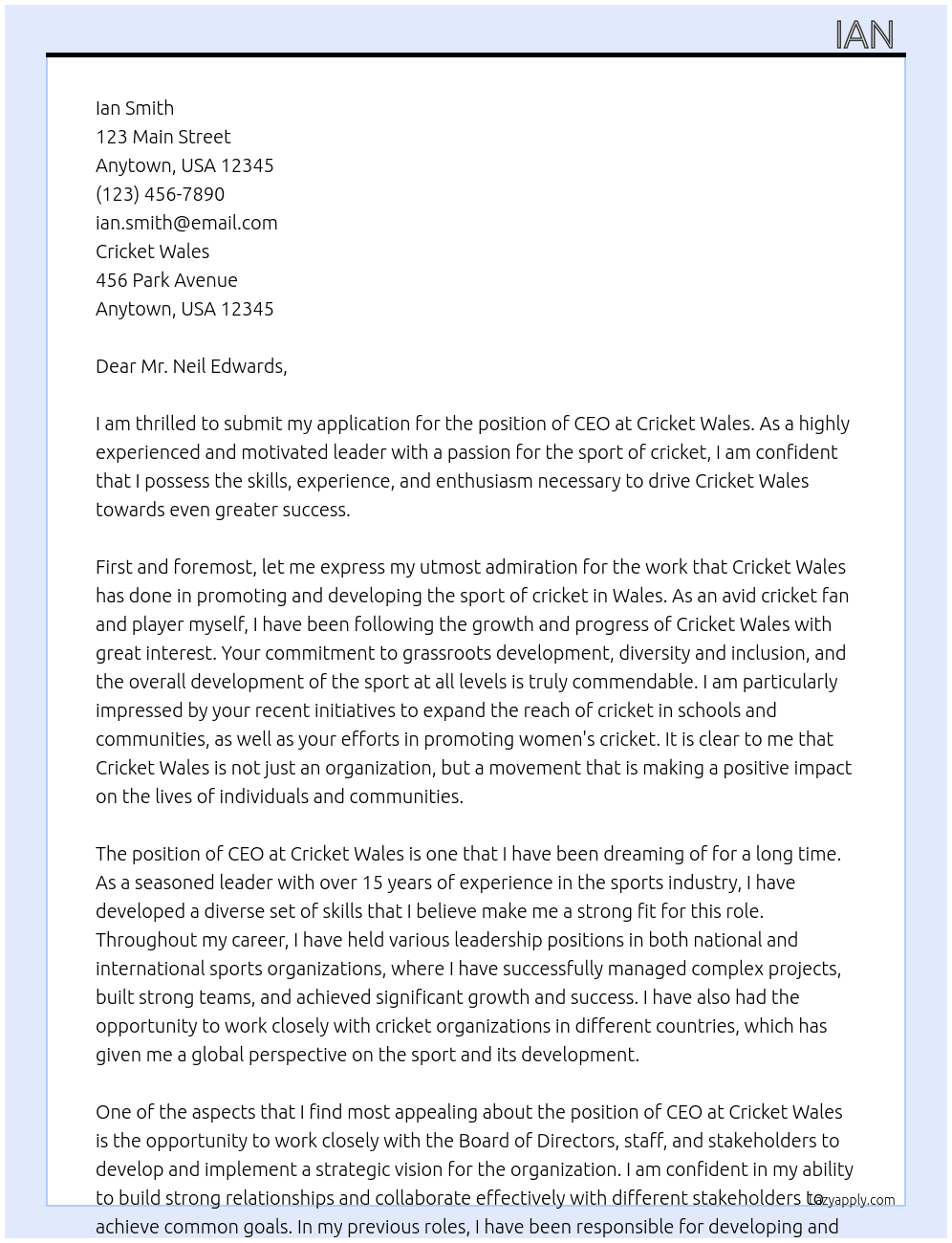 CEO  At Cricket Wales  Cover Letter