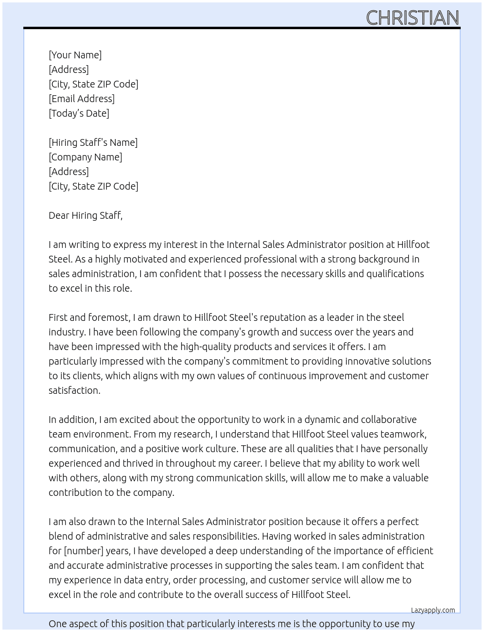 Internal Sales Administrator At Hillfoot Steel Cover Letter