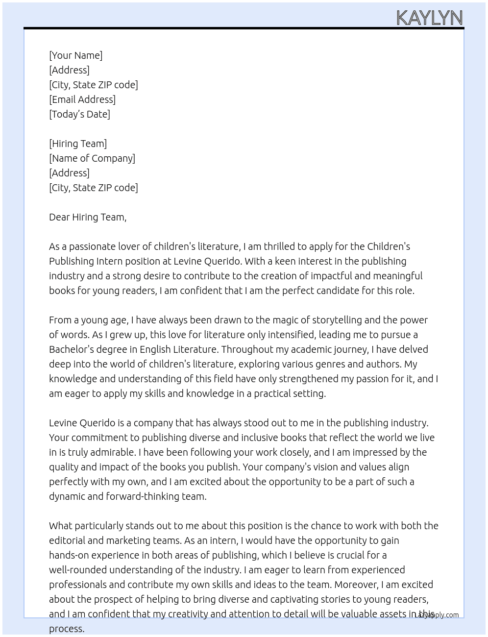 Children's Publishing Intern At Levine Querido Cover Letter