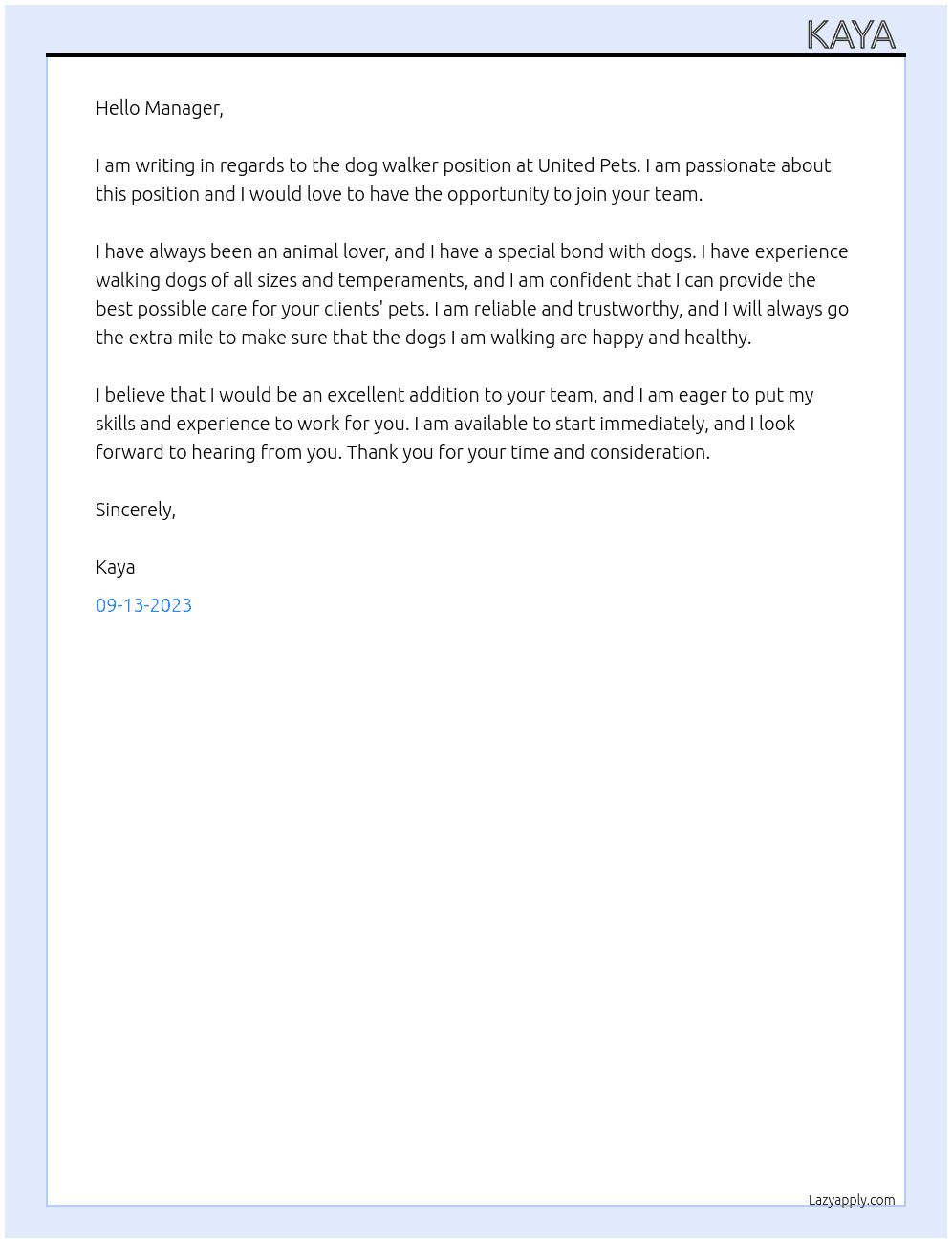 Dog walker At United pets  Cover Letter