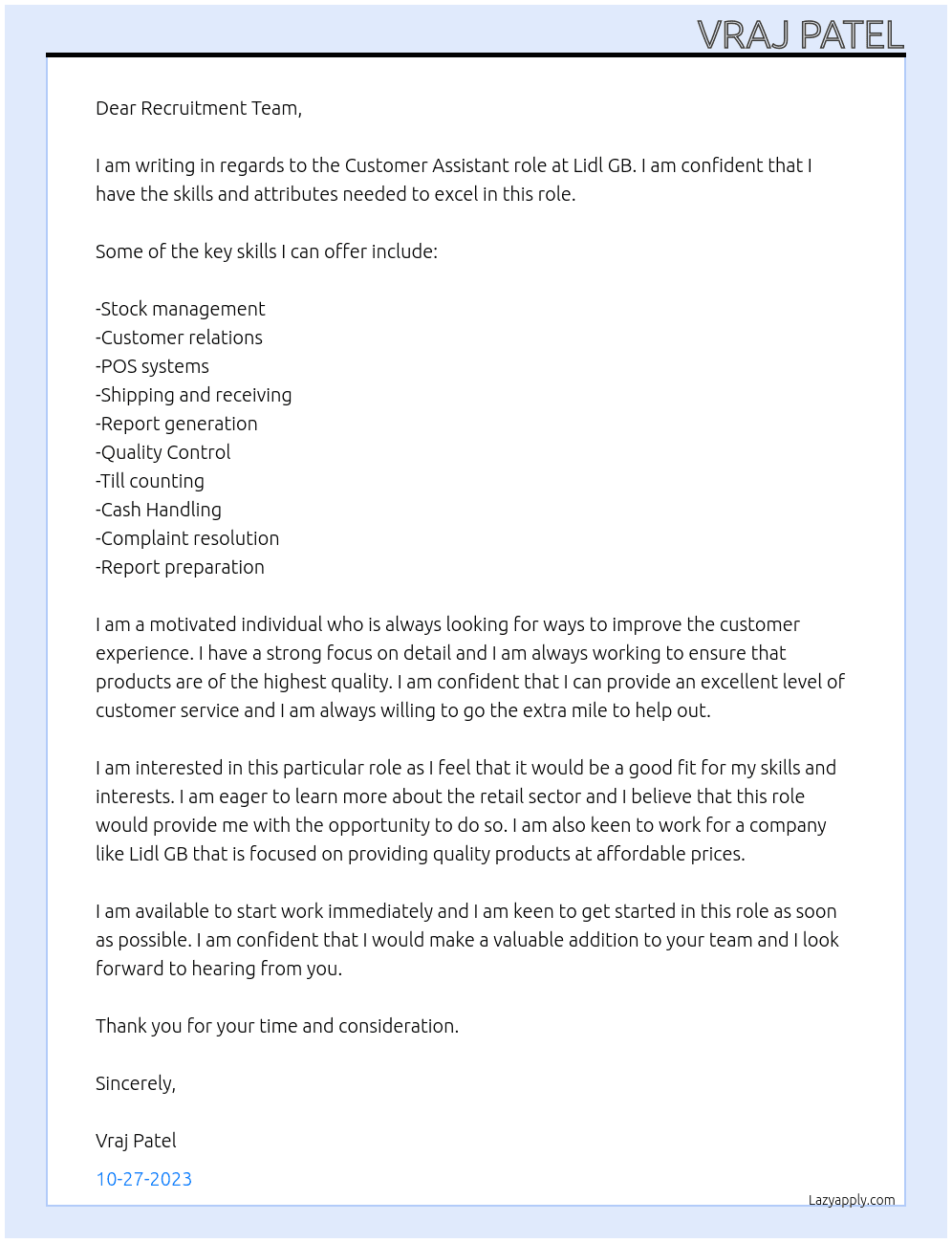 Customer Assistant At Lidl GB Cover Letter