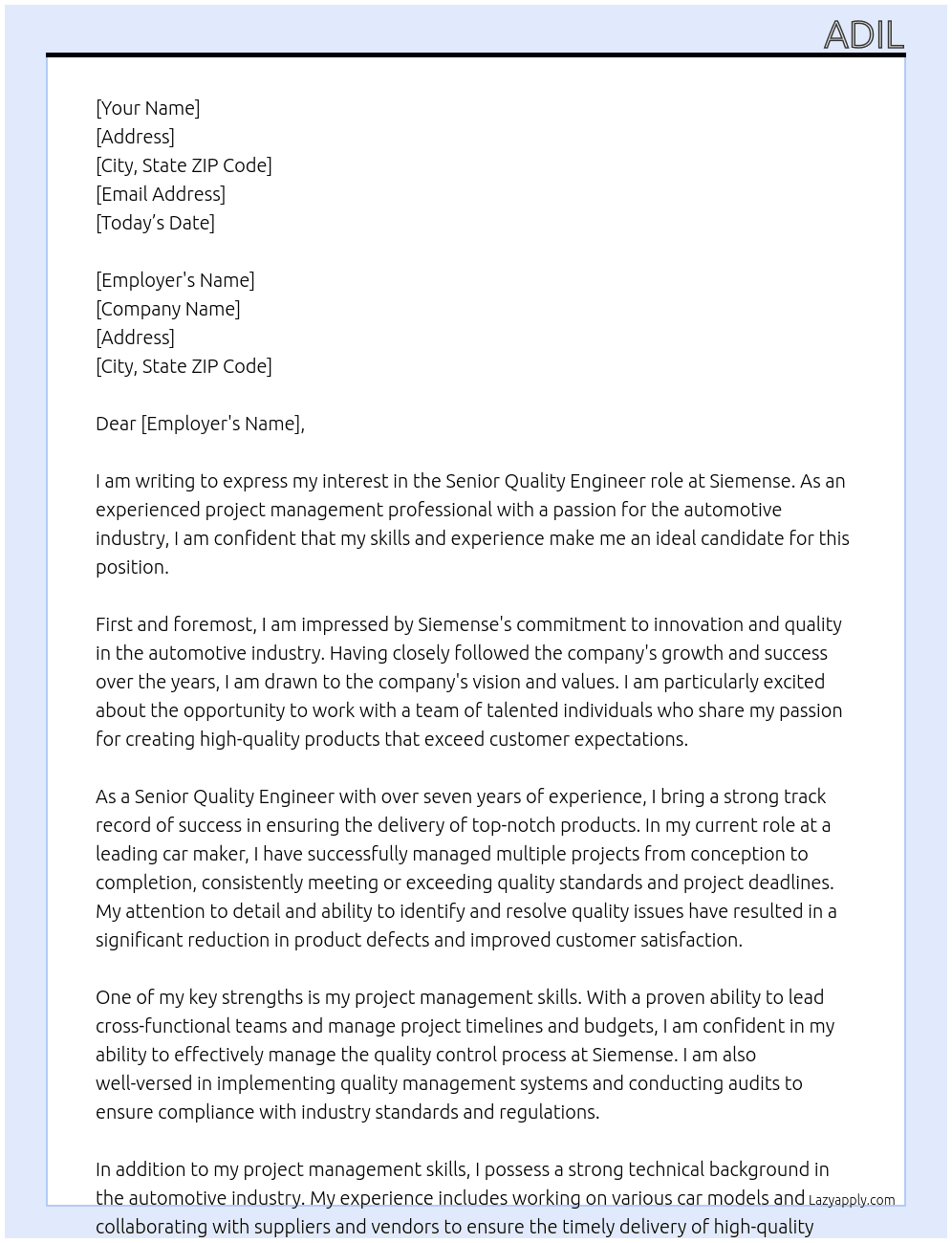 Senior Quality Engineer At siemense Cover Letter