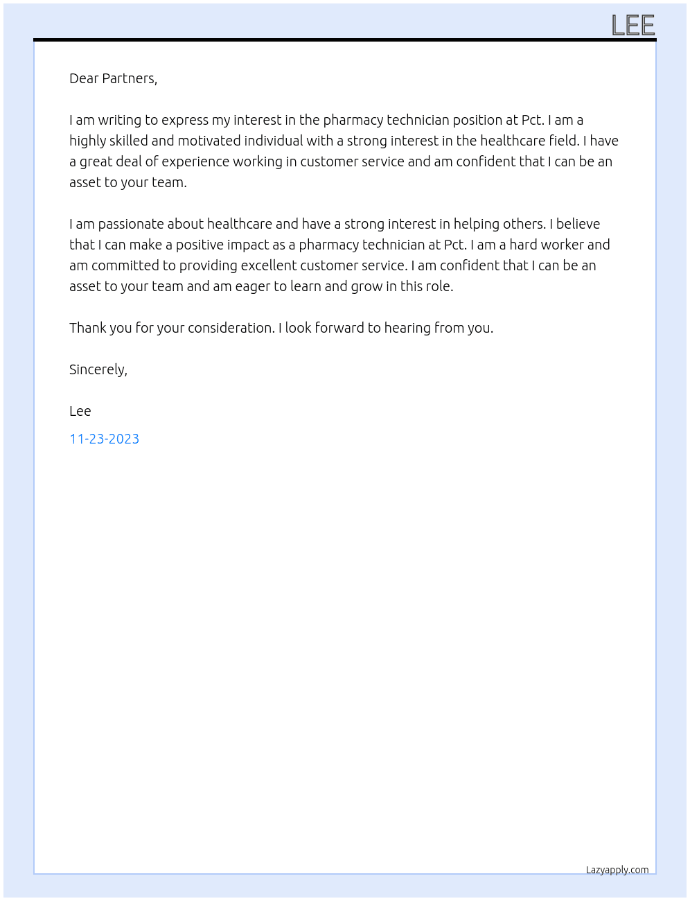Pharmacy technician  At Pct Cover Letter