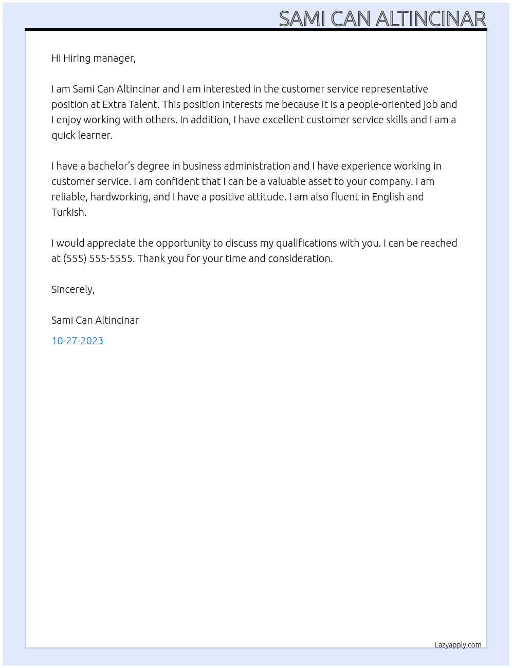 Customer service representative At Extra Talent Cover Letter