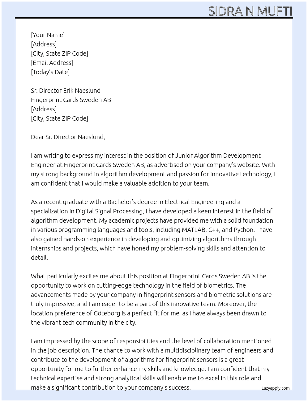Junior Algorithm Development Engineer At Fingerprint Cards Sweden AB Cover Letter