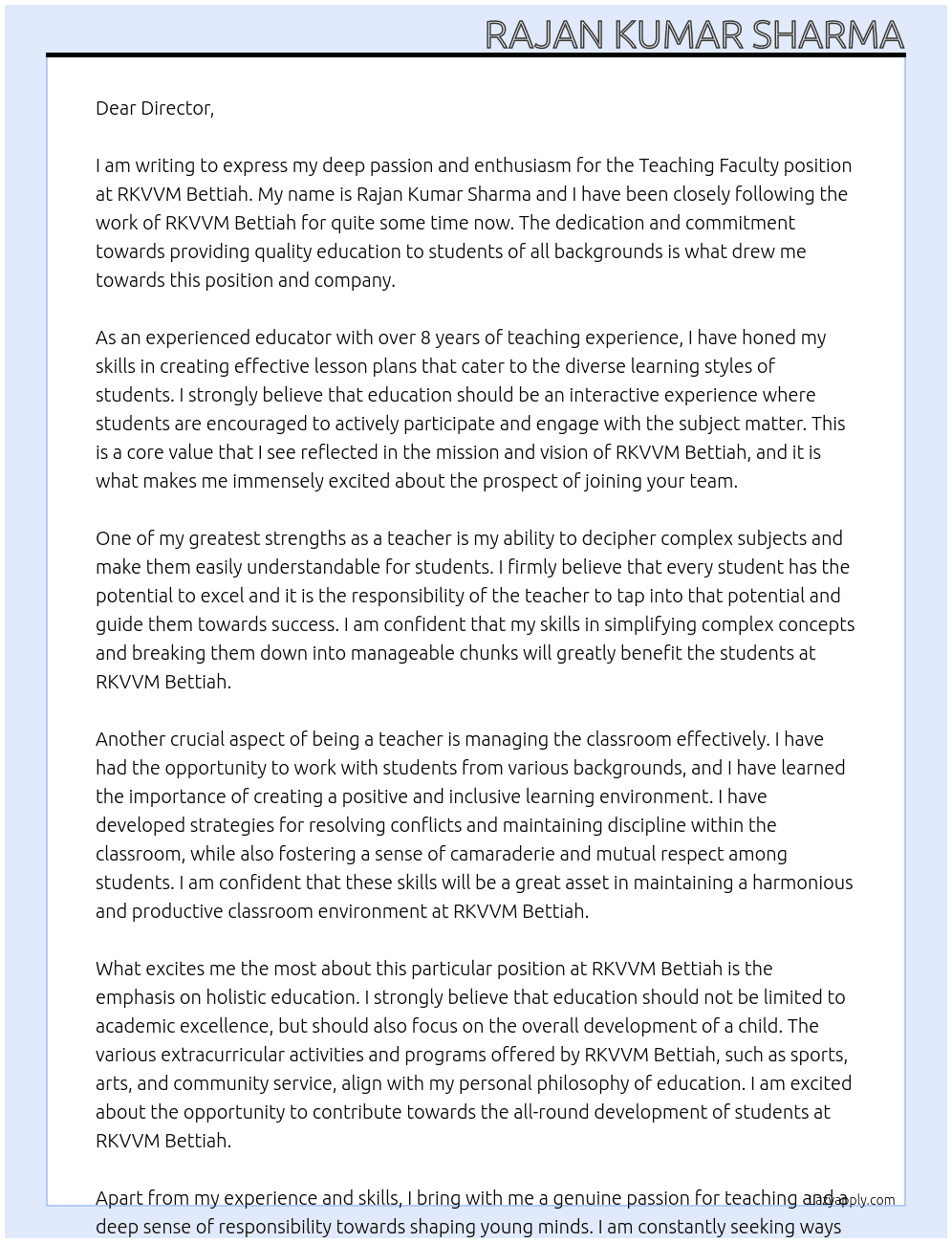 Teaching Faculty At RKVVM Bettiah Cover Letter