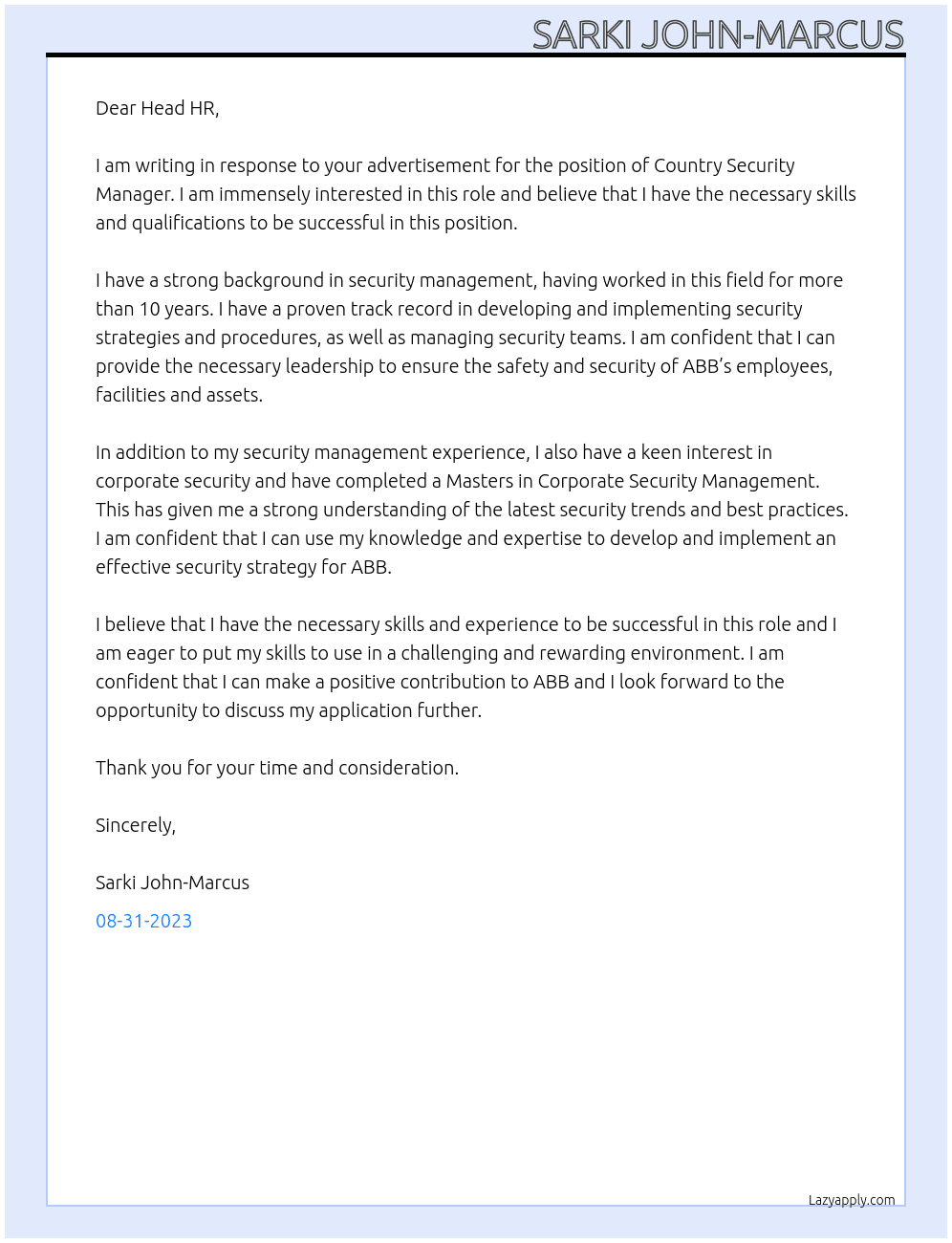 Country Security Manager At ABB Cover Letter