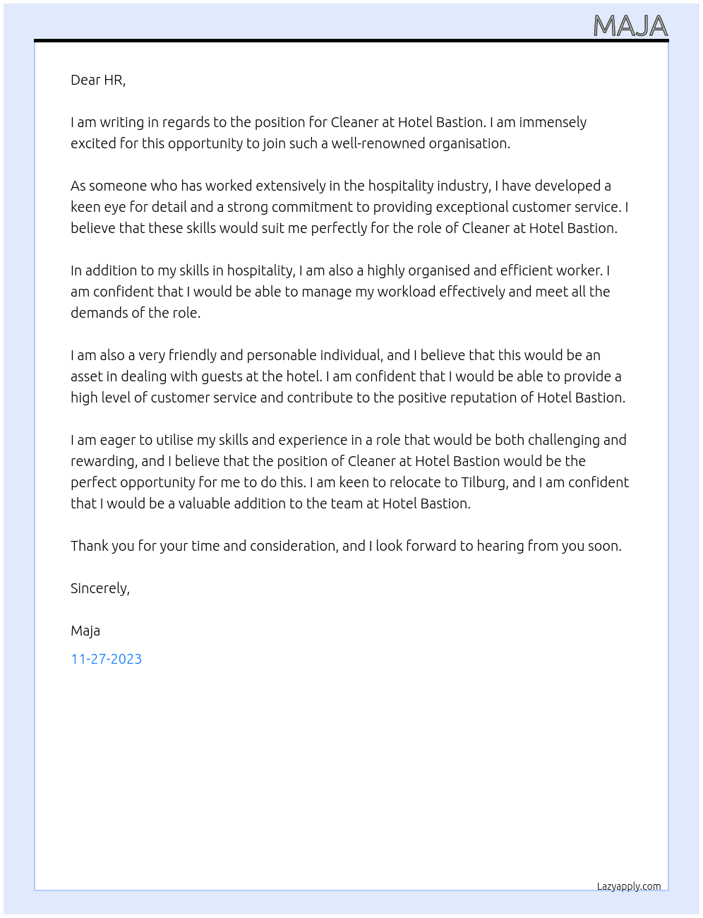 Cleaner At Hotel Bastion  Cover Letter