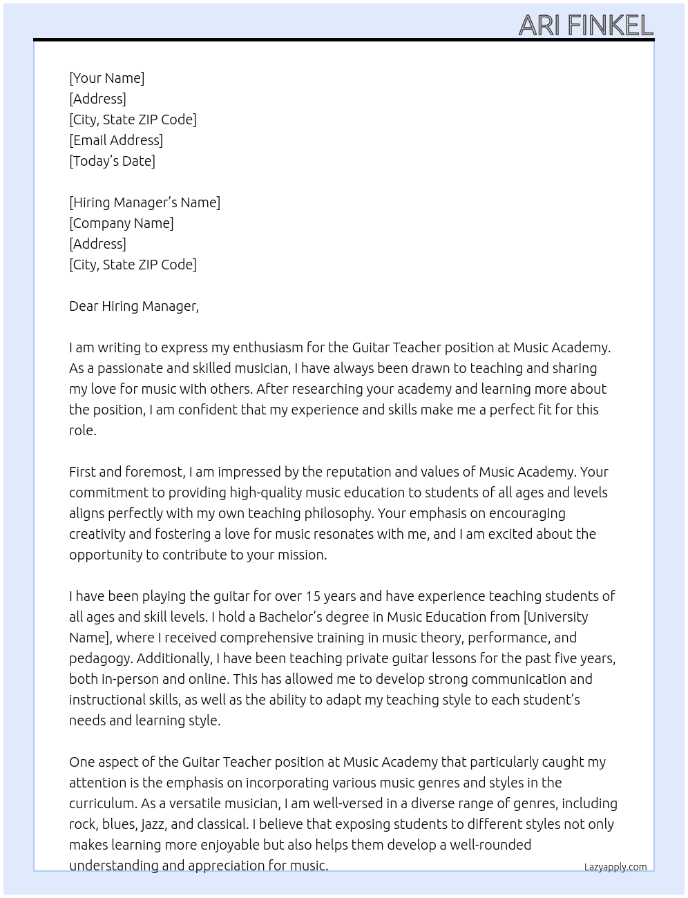 Guitar Teacher At Music Academy  Cover Letter