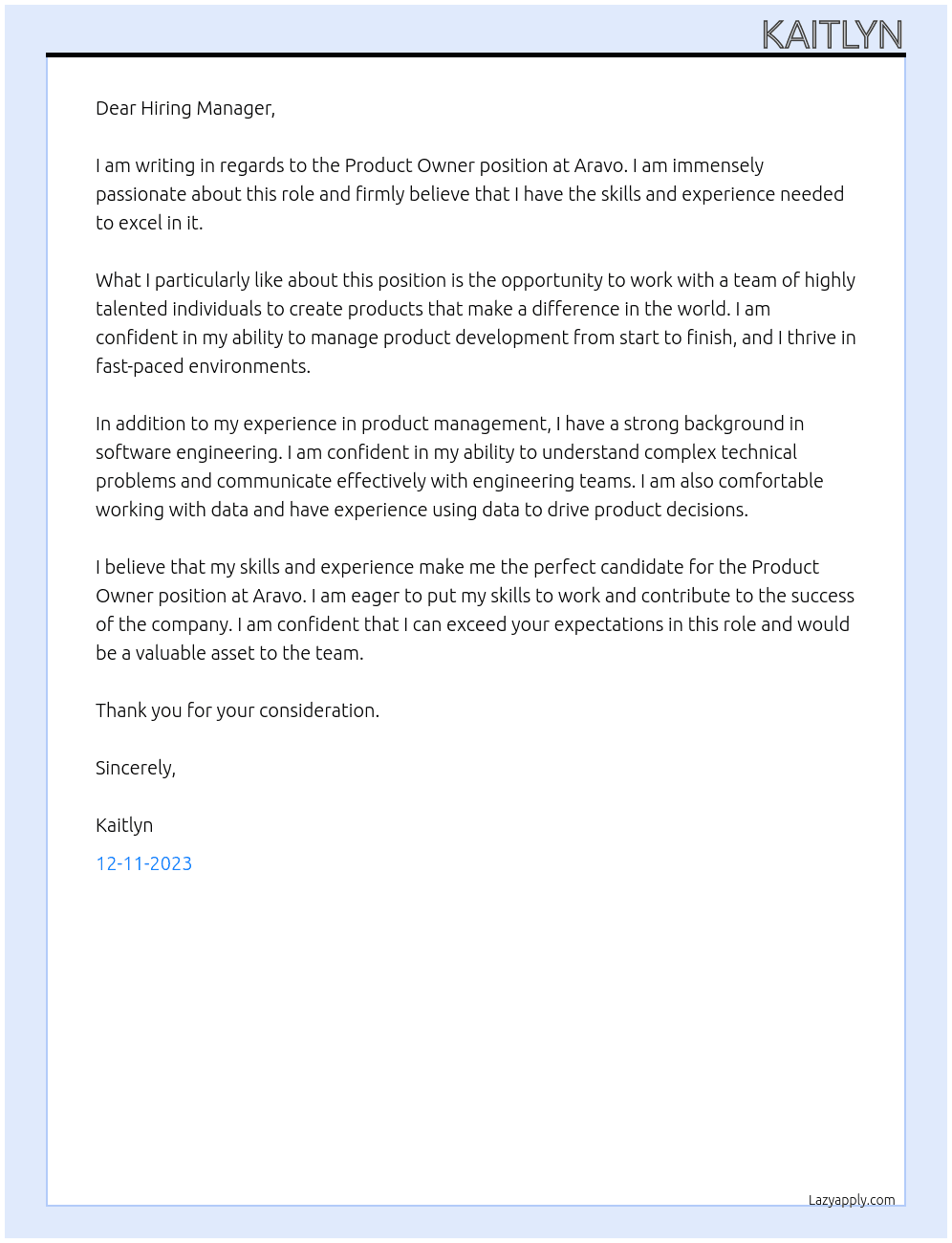Product Owner At Aravo Cover Letter