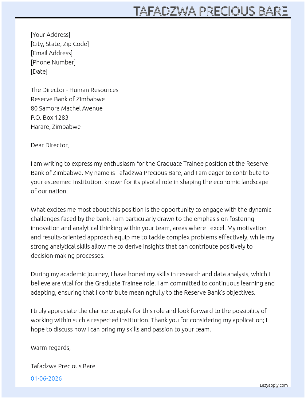 Graduate Trainee At Reserve Bank of Zimbabwe Cover Letter