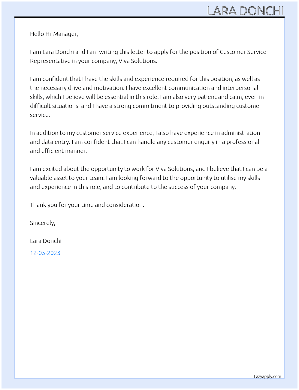 Customer Service Representative  At Viva Solutions Cover Letter