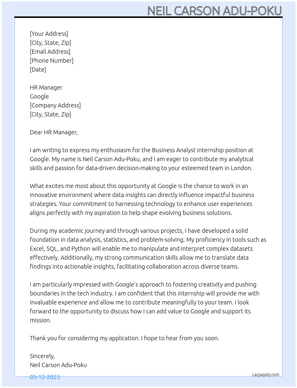 Cover letter for business analyist - LazyApply