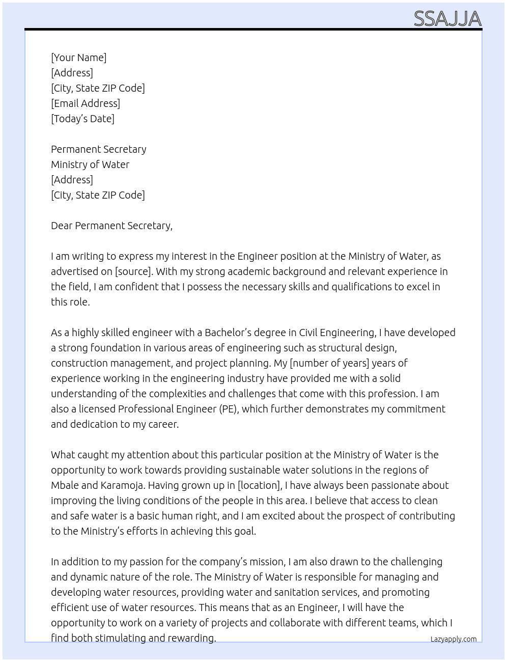 Engineer At Ministry of Water Cover Letter