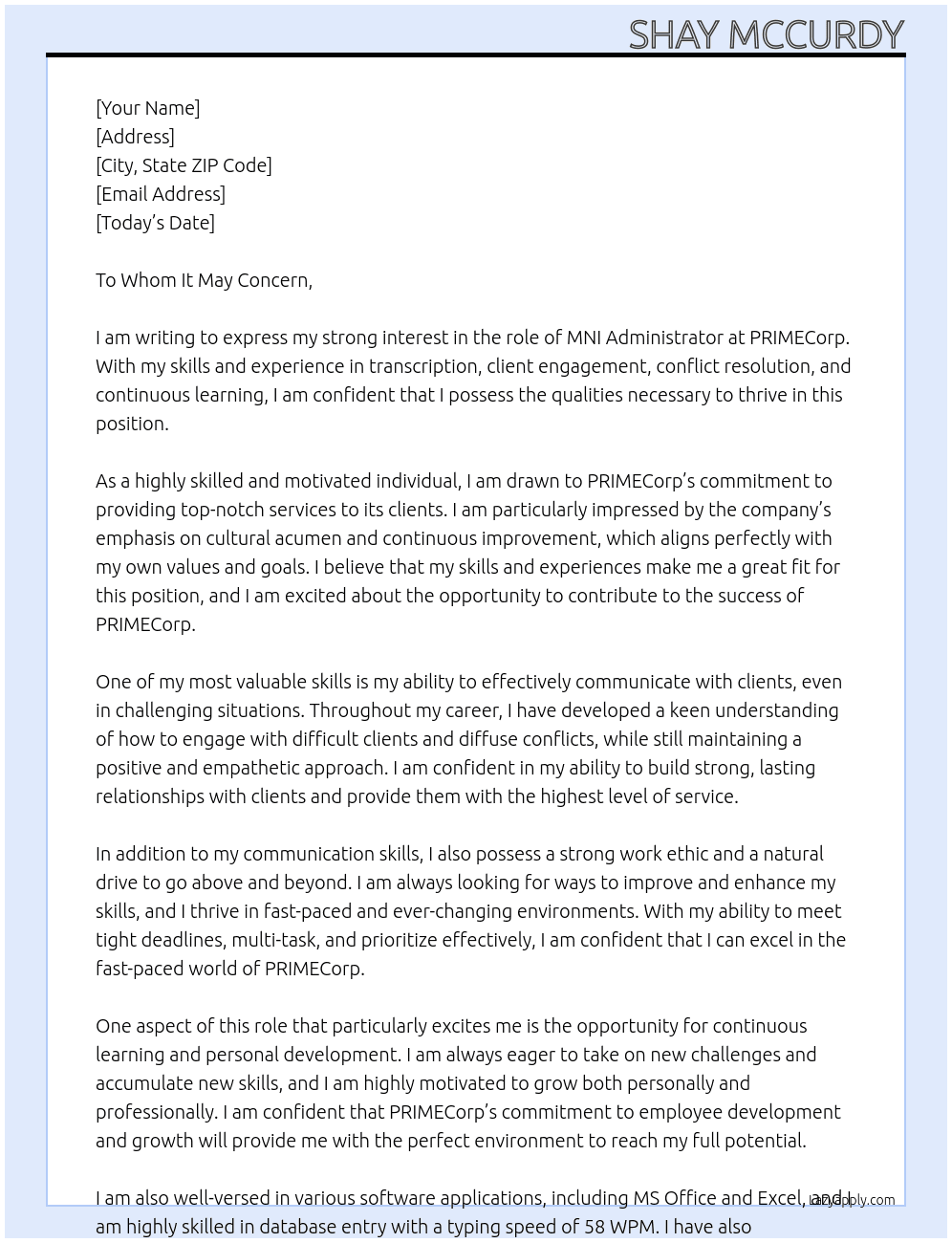 MNI Administrator At PRIMECorp Cover Letter