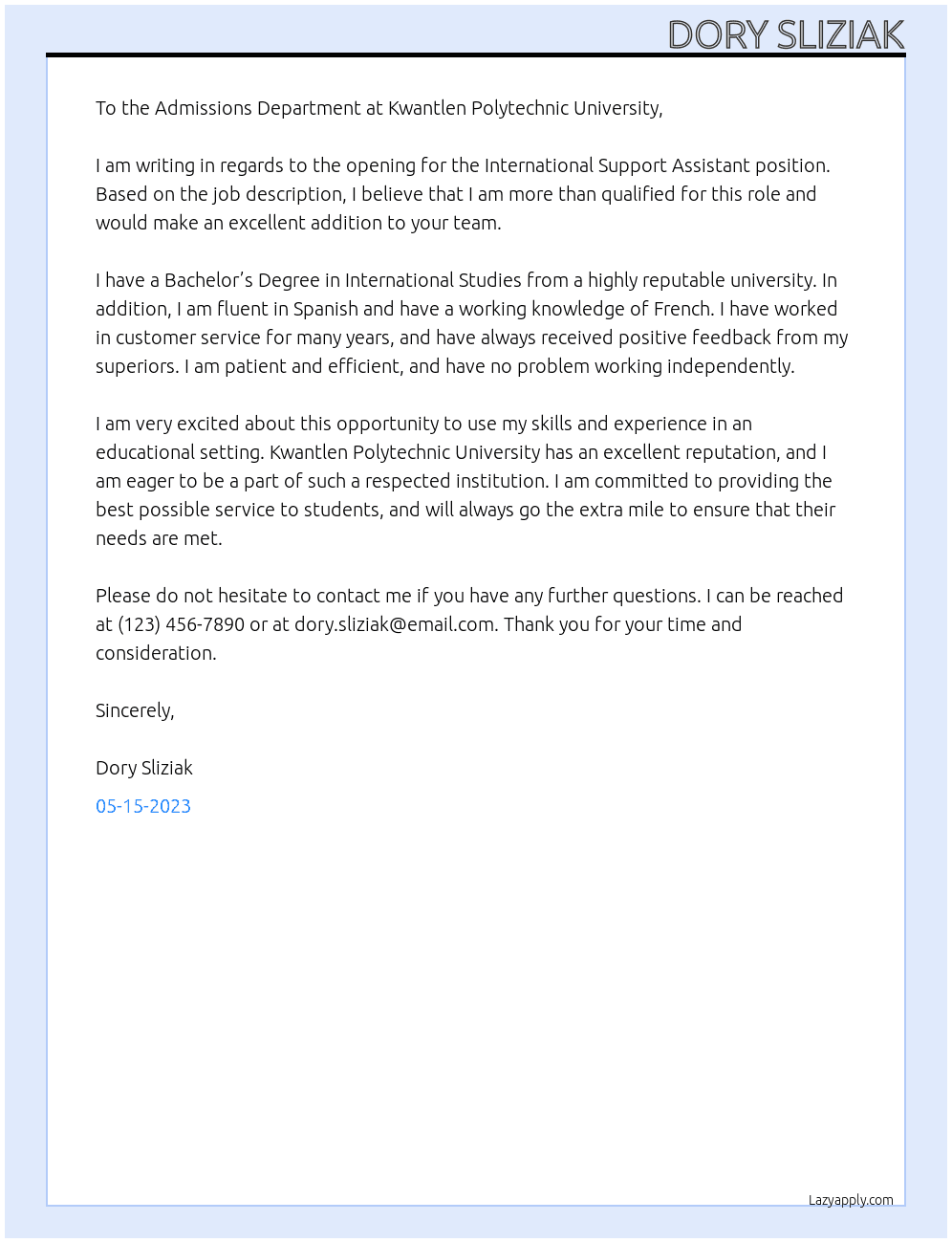 International Support Assistant At Kwantlen Polytechnic University Cover Letter