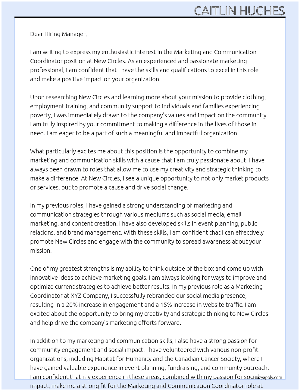 Marketing and Communication Coordinator At New Circles Cover Letter