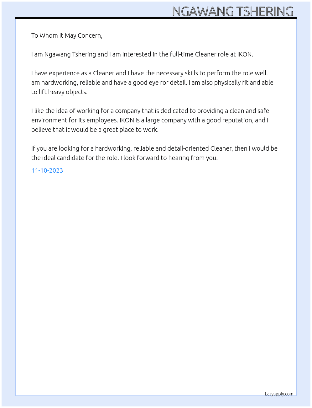 Cleaner At IKON Cover Letter