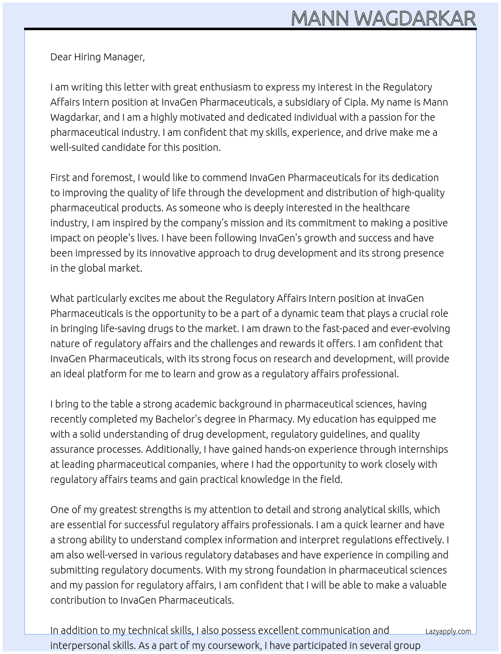  Regulatory Affairs Intern At InvaGen Pharmaceuticals, a Cipla subsidiary Cover Letter